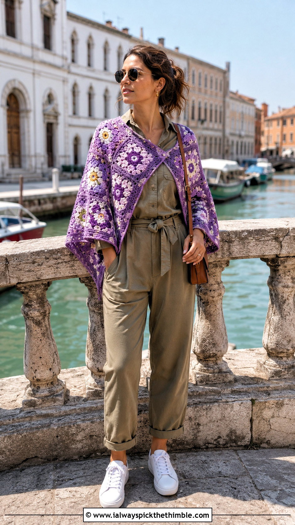 Floral Granny Square Poncho With Utility Jumpsuit - 25 granny square poncho outfit ideas