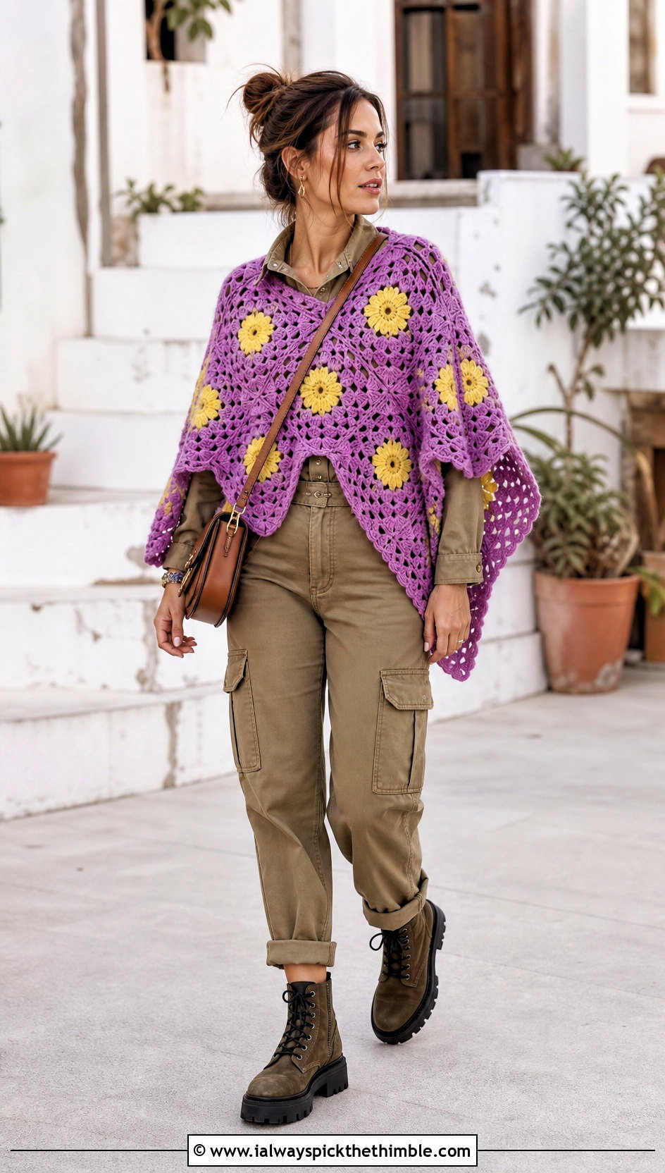 Floral Granny Square Poncho With Utility Jumpsuit - 25 crochet granny square poncho outfit ideas
