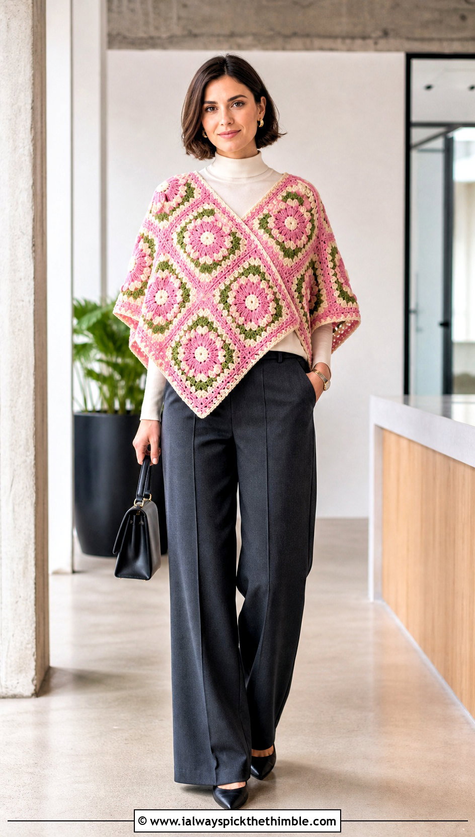 Floral Granny Square Poncho With Wide Leg Trousers - 20 crochet square poncho outfit ideas