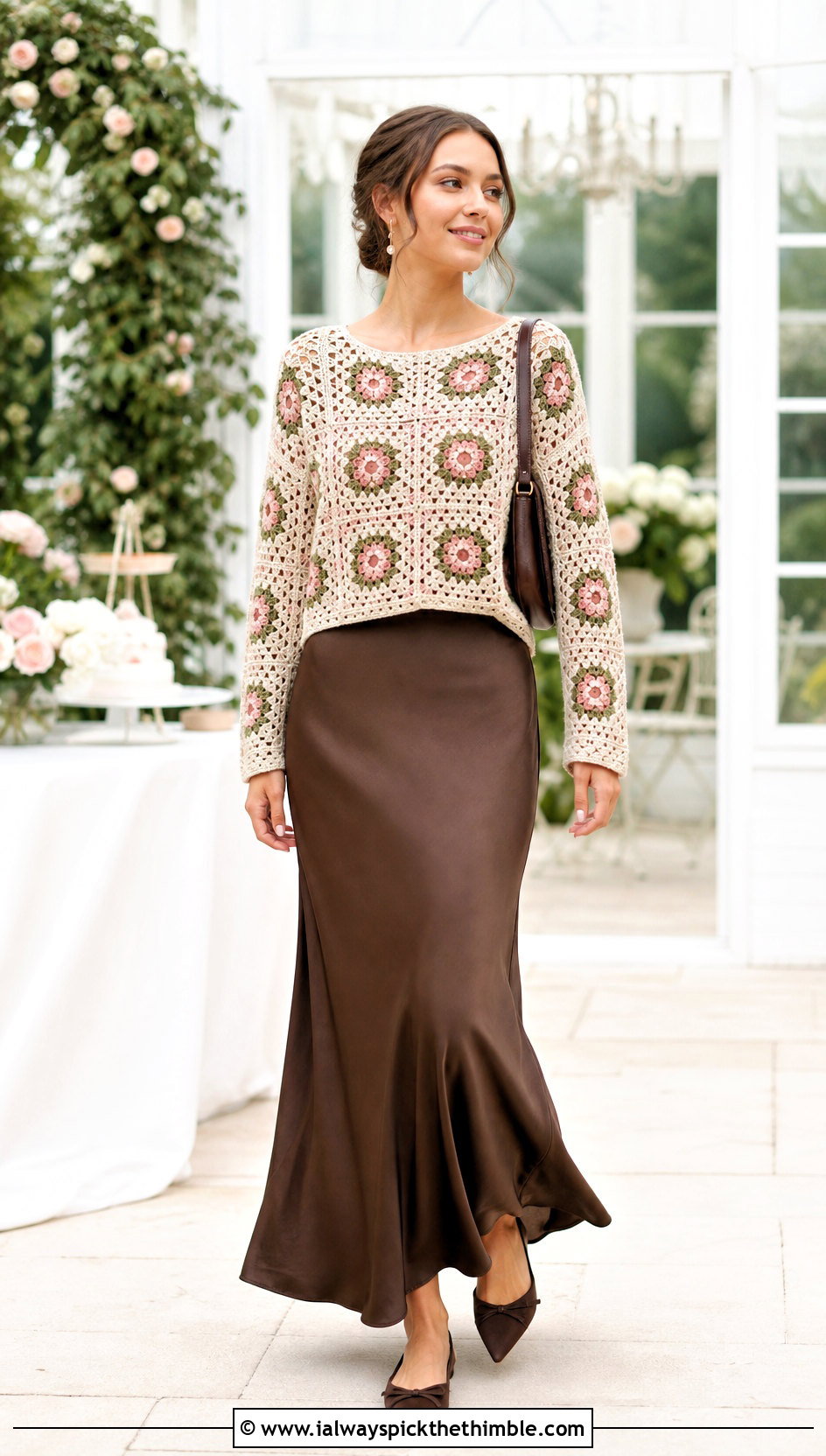 Floral Granny Square Pullover With Bias Cut Maxi Skirt - 25 crochet granny square pullover outfit ideas