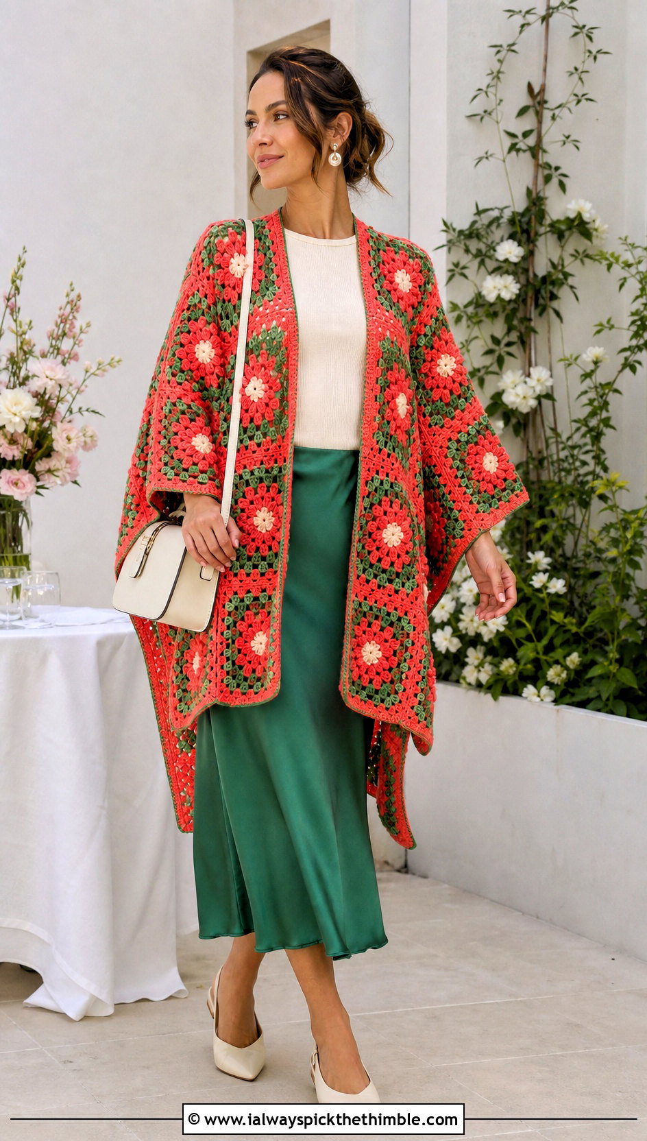 Floral Granny Square Ruana With Satin Midi Skirt - 20 Granny Square Ruana outfit ideas