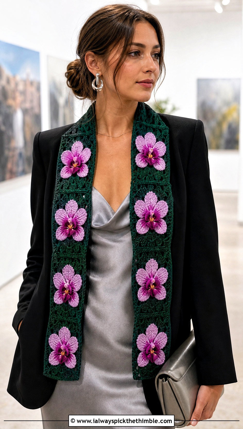 Floral Granny Square Scarf With Blazer And Slip Dress - 20 granny square scarves outfit ideas