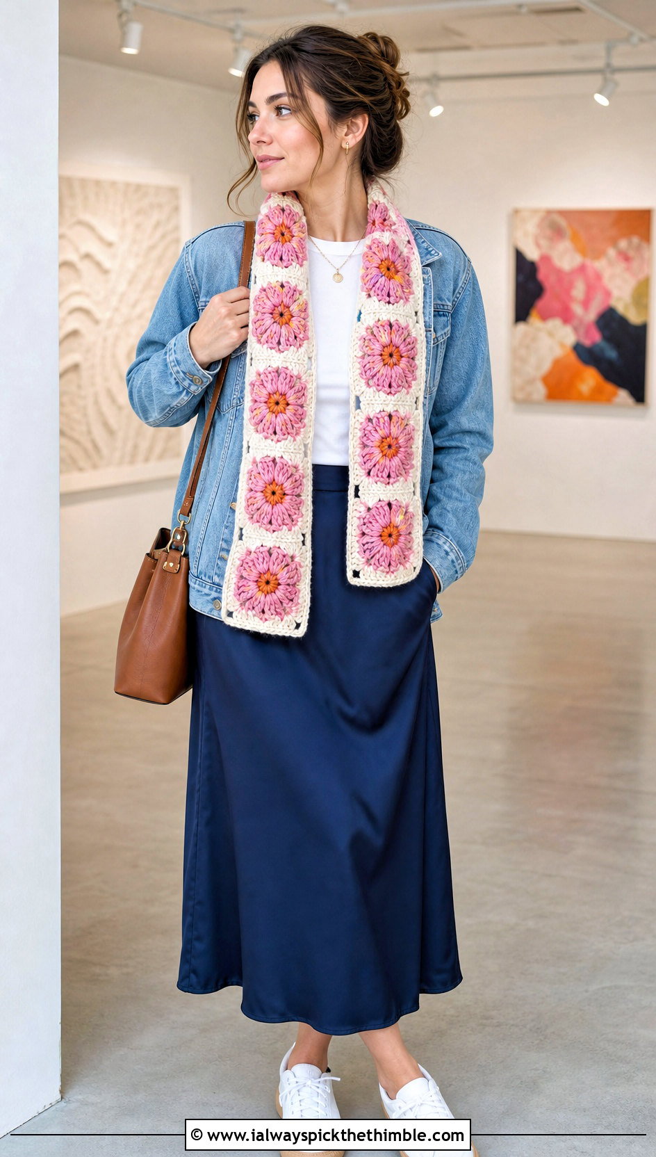 Floral Granny Square Scarf With Denim Jacket And Satin Skirt - 25 granny square scarf outfit ideas