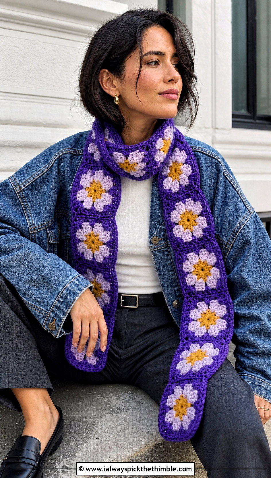 Floral Granny Square Scarf With Denim Jacket And Trousers - 25 crochet flower scarf outfit ideas