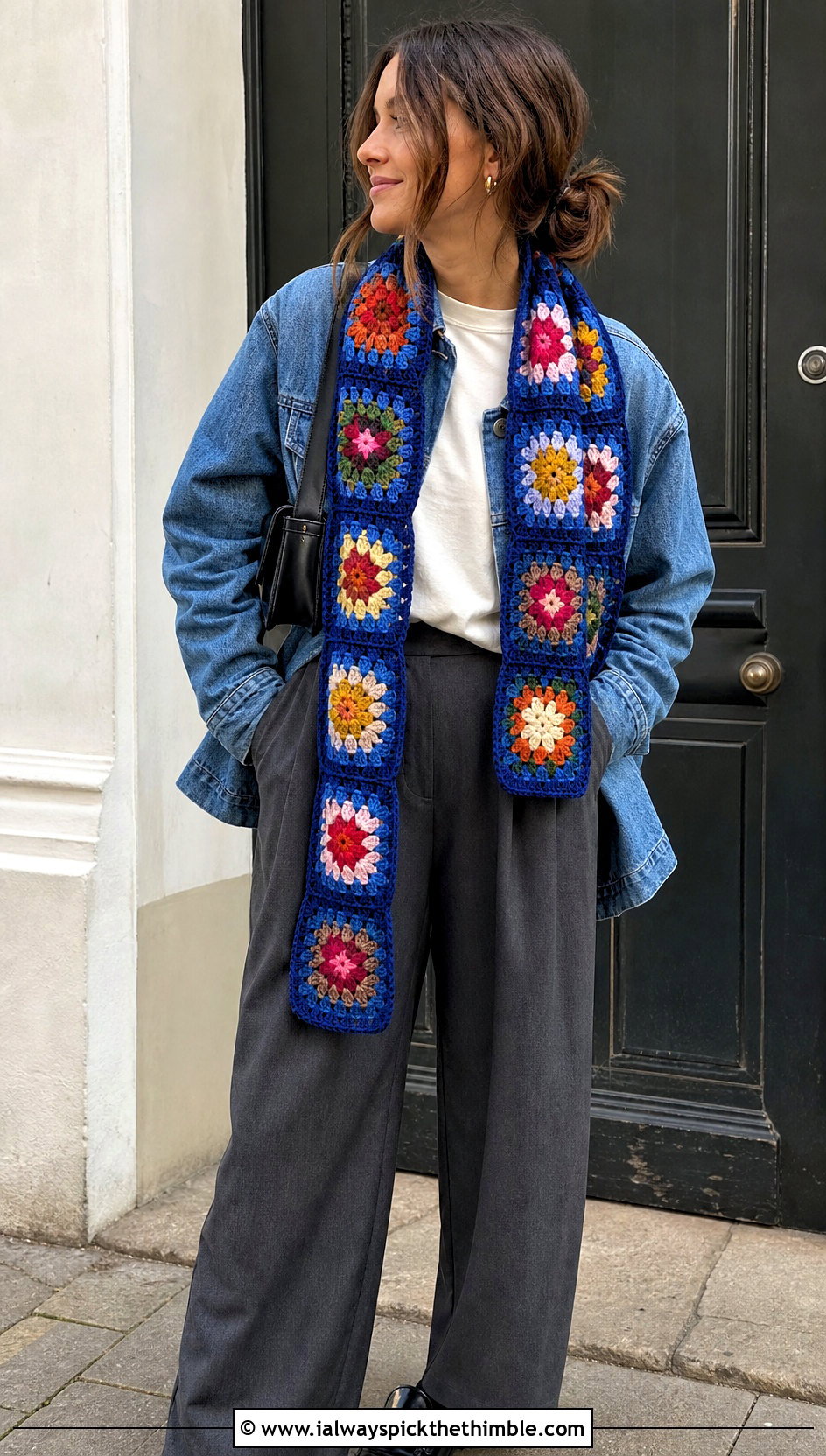 Floral Granny Square Scarf With Denim Jacket And Trousers - 20 crochet scarf with flowers outfit ideas