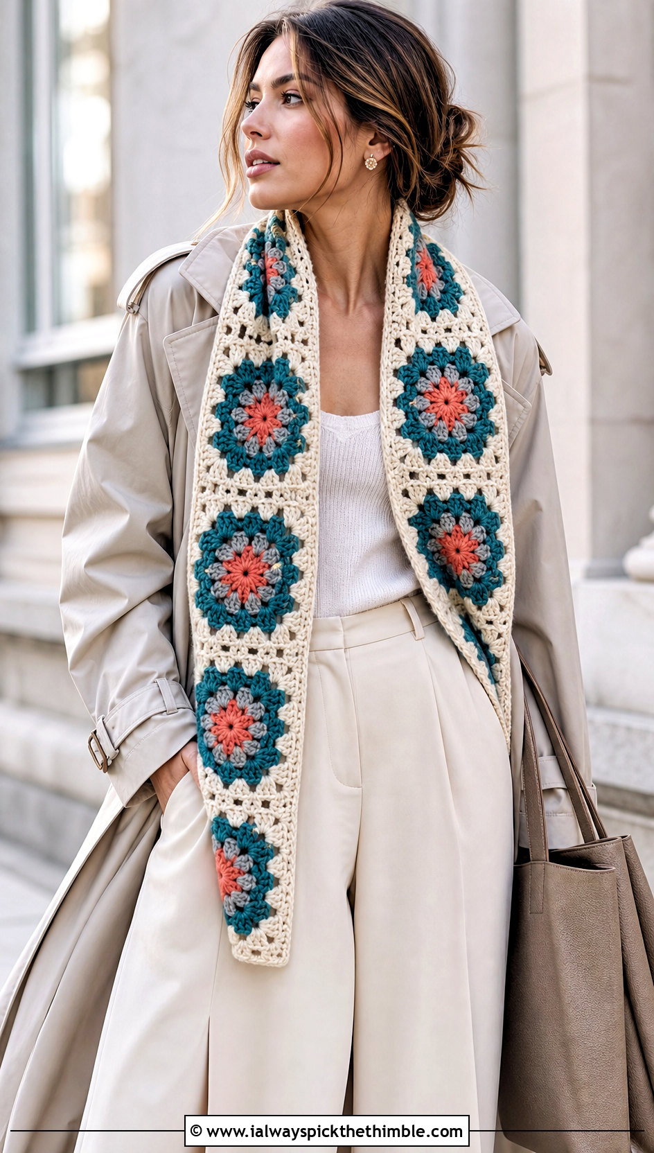 Floral Granny Square Scarf With Trench Coat And Wide Leg Pants - 20 crochet granny square scarf outfit ideas