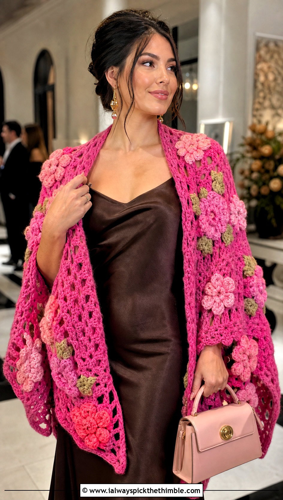 Floral Granny Square Shawl With Satin Slip Dress - 25 granny square shawl outfit ideas