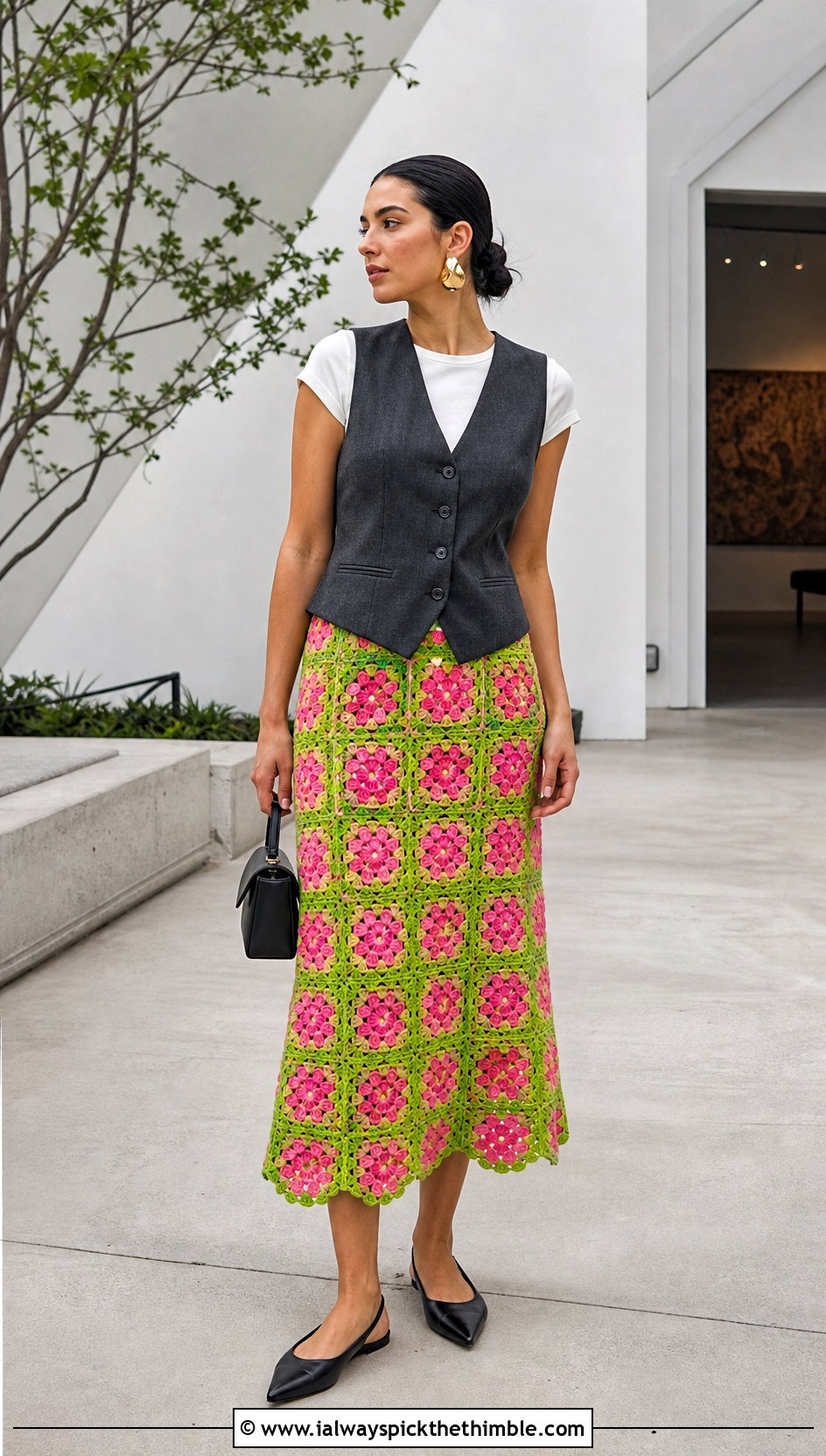 Floral Granny Square Skirt With Tailored Vest - 25 granny square skirt outfit ideas