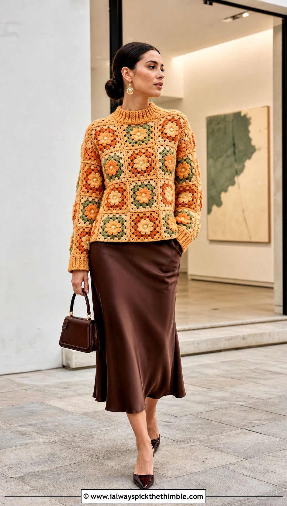 Floral Granny Square Sweater With Satin Midi Skirt - 25 4 Granny Square Sweater outfit ideas