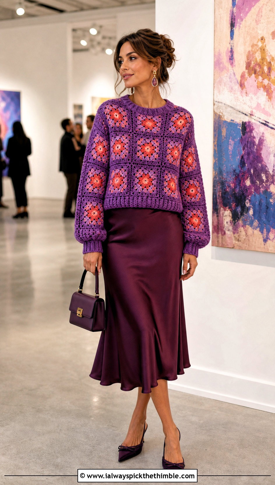 Floral Granny Square Sweater With Satin Midi Skirt - 25 granny square sweater outfit ideas