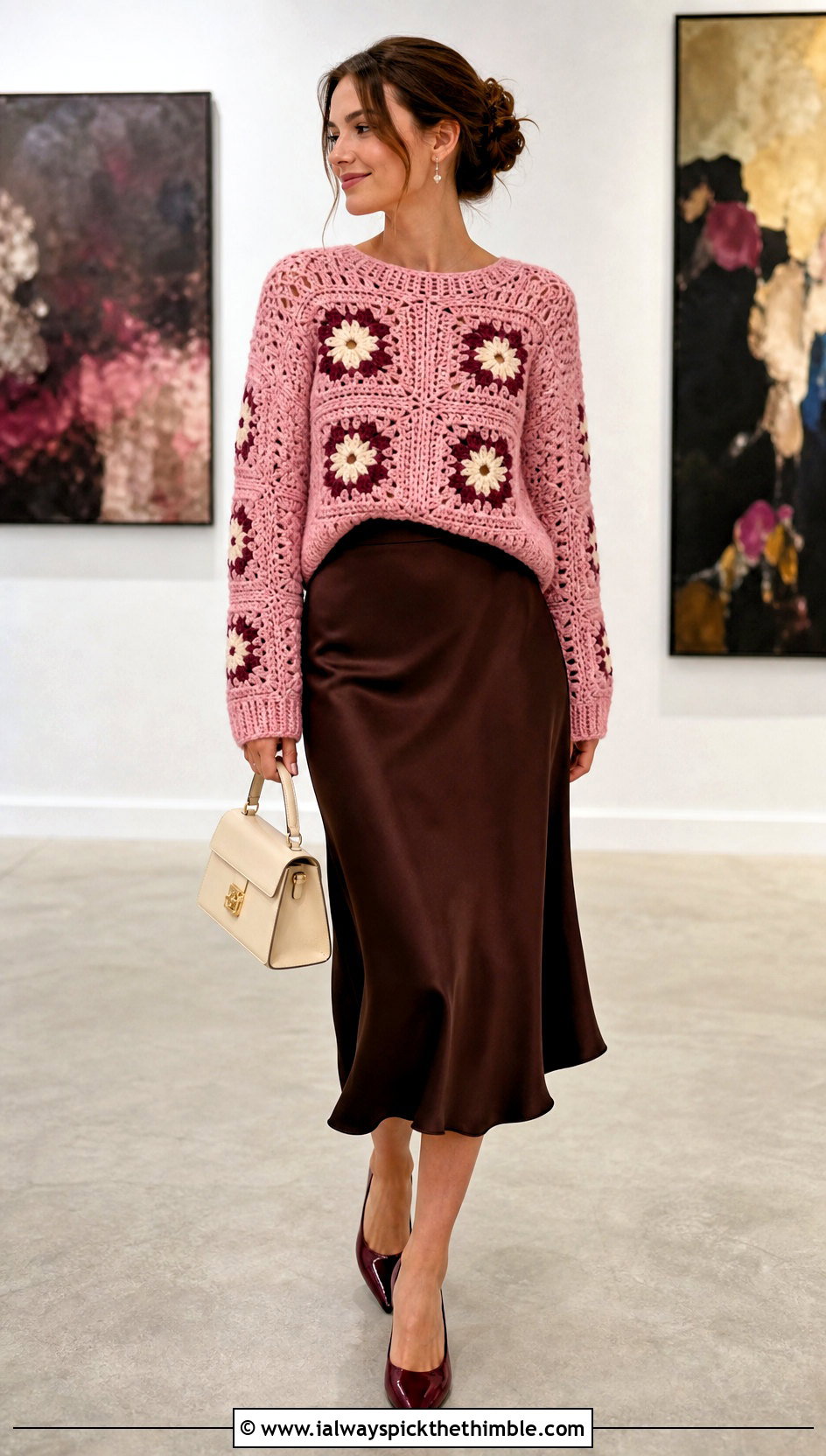 Floral Granny Square Sweater With Satin Midi Skirt - 20 easy granny square sweater outfit ideas