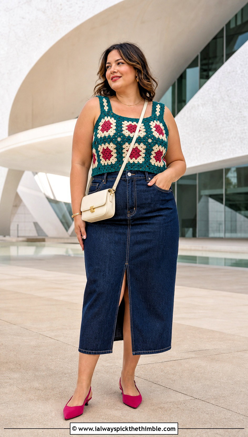 Floral Granny Square Tank Top With Denim Midi Skirt - 20 crochet granny tank top outfit ideas