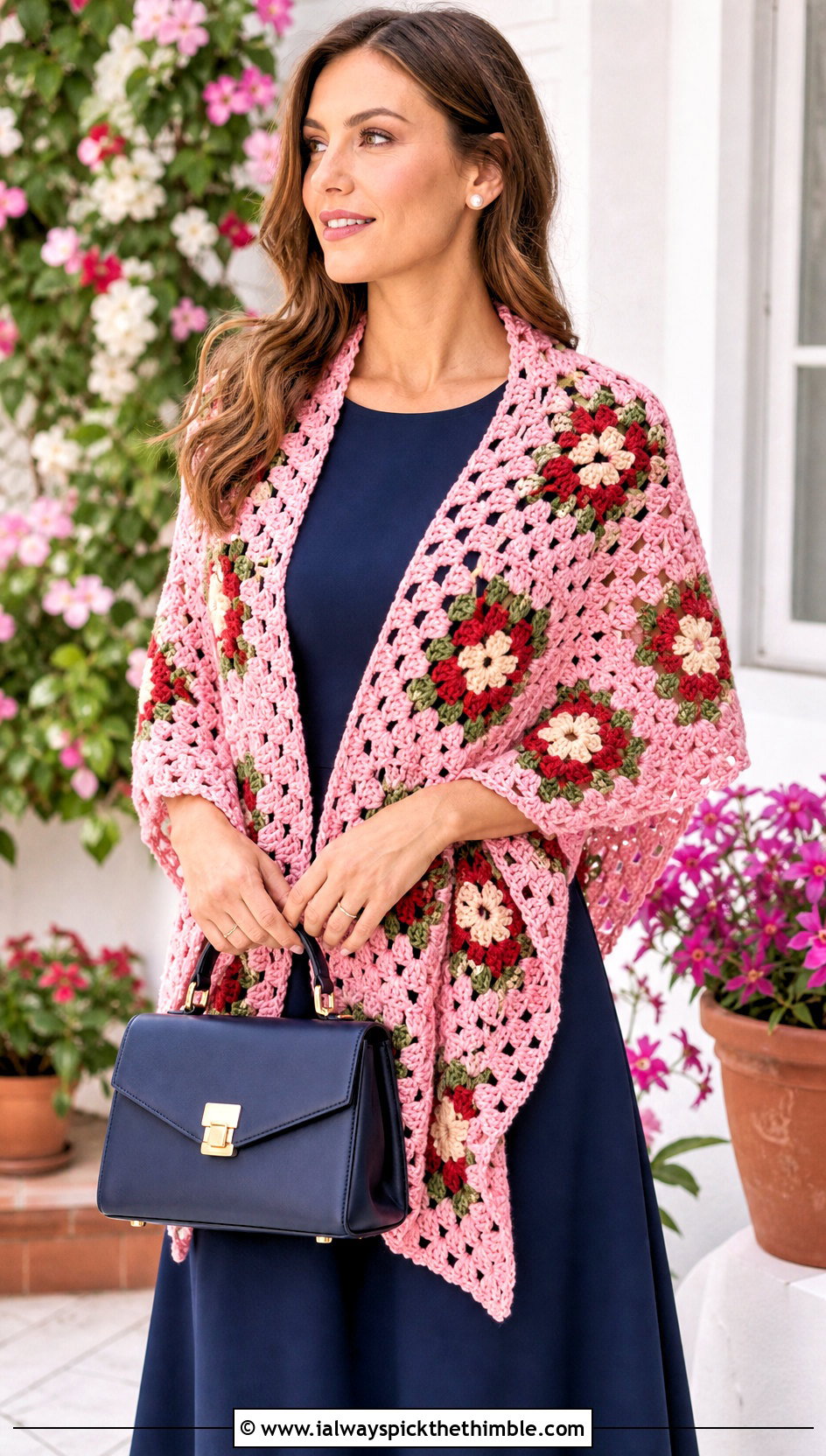 Floral Granny Square Triangle Shawl With Midi Dress And Loafers - 20 granny square triangle shawl outfit ideas