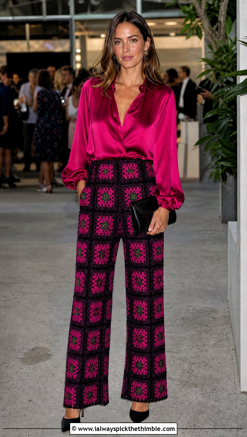 Floral Granny Square Trousers With Satin Blouse - 25 granny square trousers outfit ideas