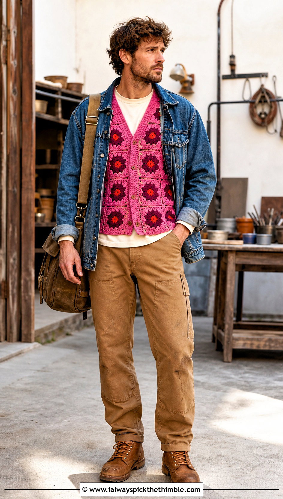 Floral Granny Square Vest With Denim Jacket And Carpenter Pants - 20 crochet granny square mens vest outfit ideas