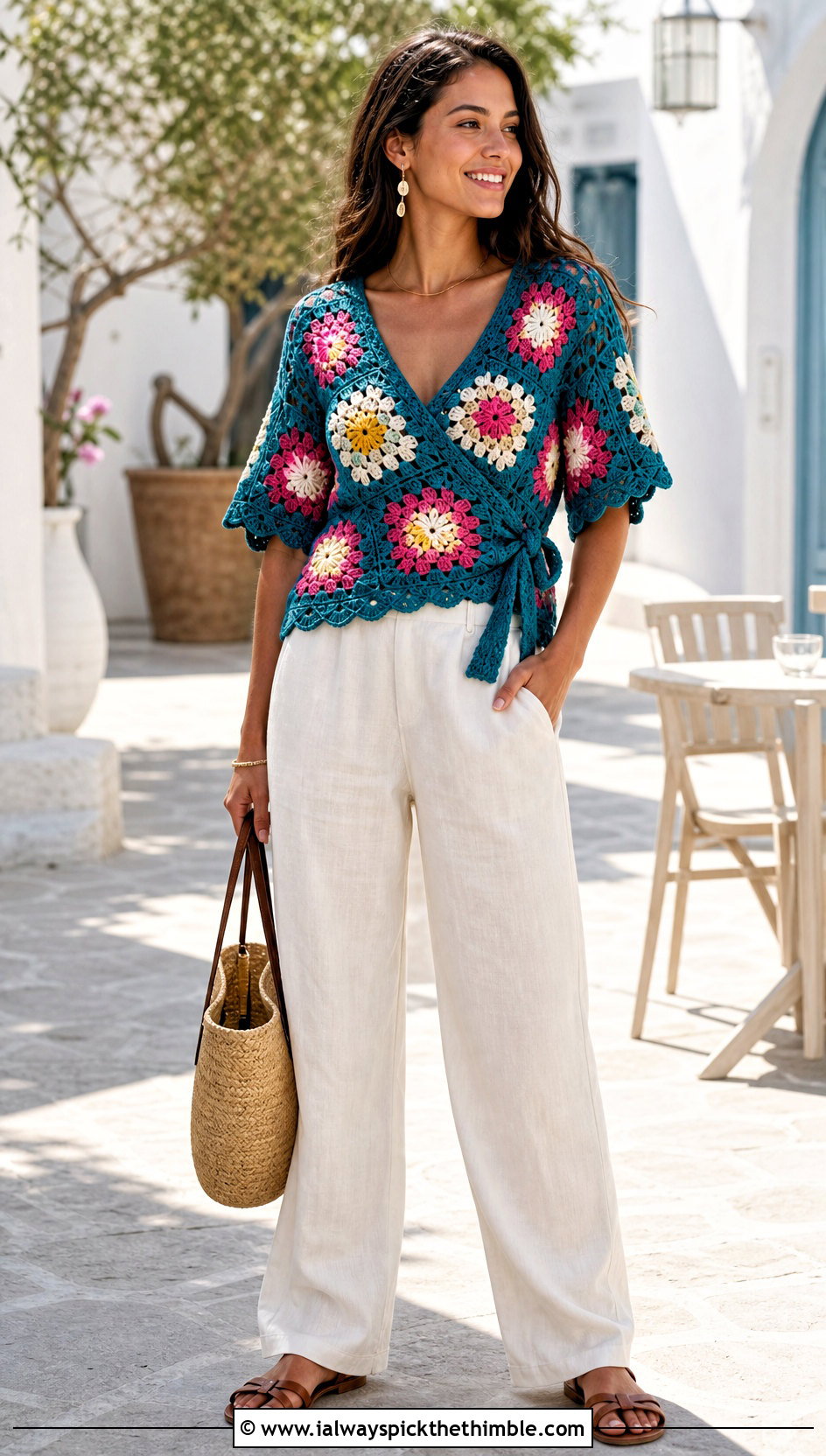 Floral Granny Square Wrap Top With Linen Pants - 25 granny square wrap top outfit ideas