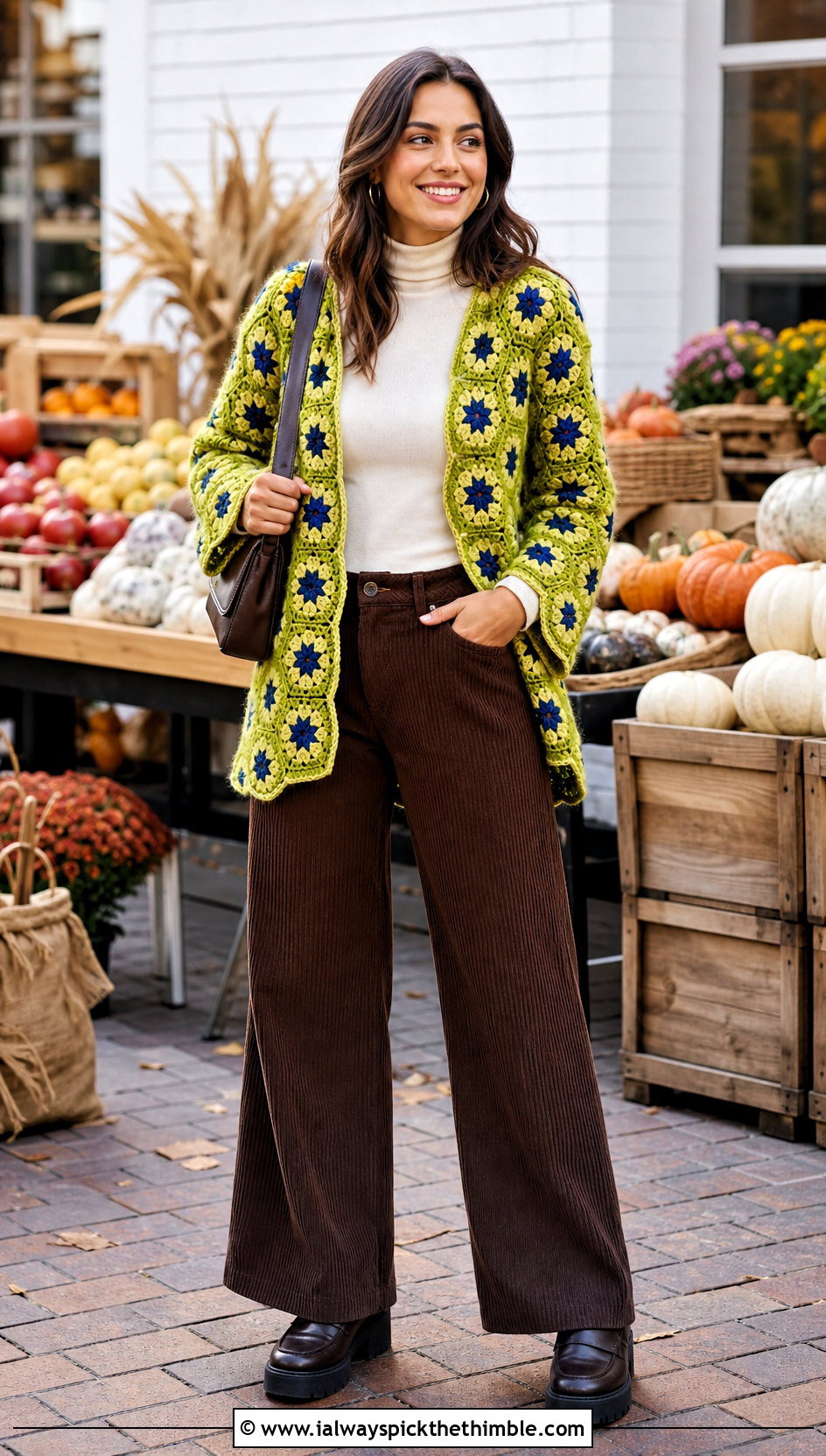 Floral Hexagon Crochet Cardigan With Corduroy Pants - 20 Flower Crochet Cardigan outfit ideas
