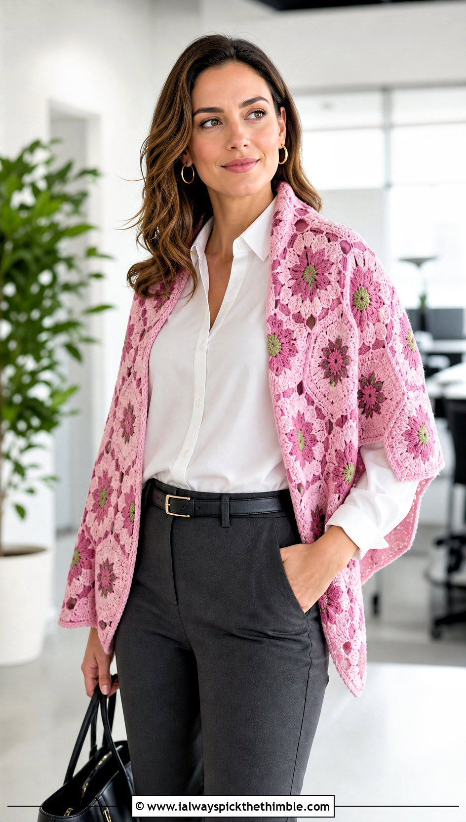 Floral Hexagon Motif Shawl With Tailored Trousers - 20 Crochet Hexagon Shawl outfit ideas