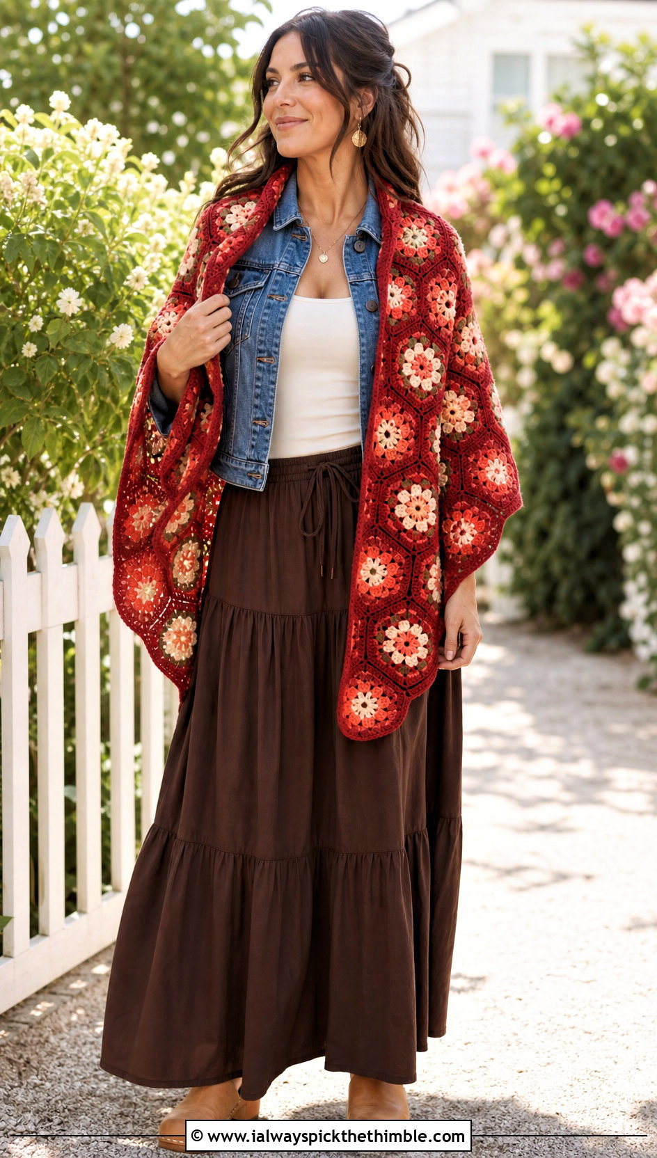 Floral Hexagon Shawl With Denim Jacket And Maxi Skirt - 15 Crochet Flower Shawl outfit ideas