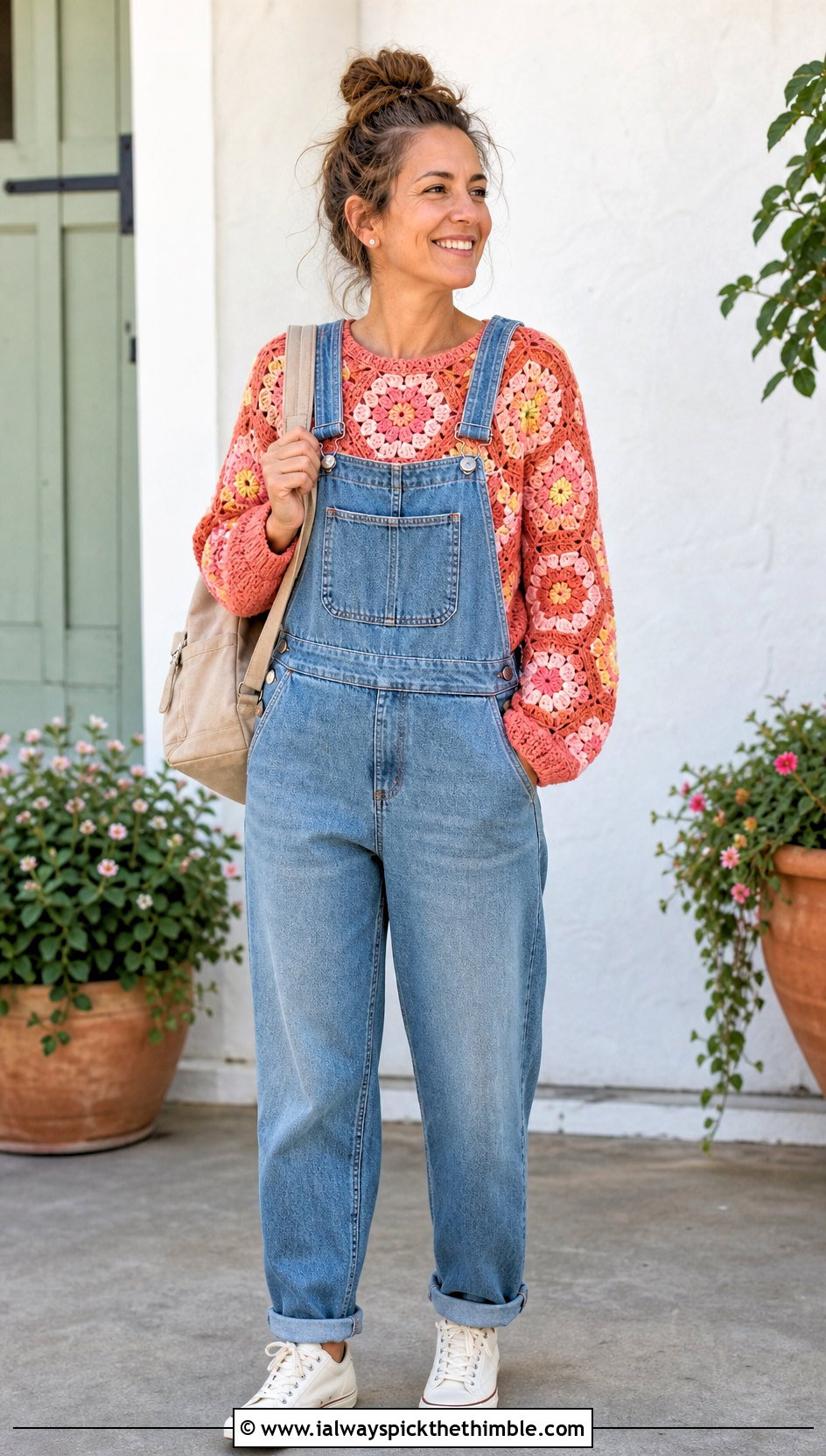 Floral Hexagon Sweater With Denim Overalls - 25 crochet sweater with flowers outfit ideas