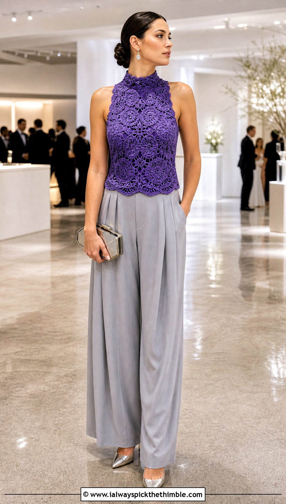 Floral High Neck Tank Top With Pleated Trousers - 25 crochet flower tank top outfit ideas