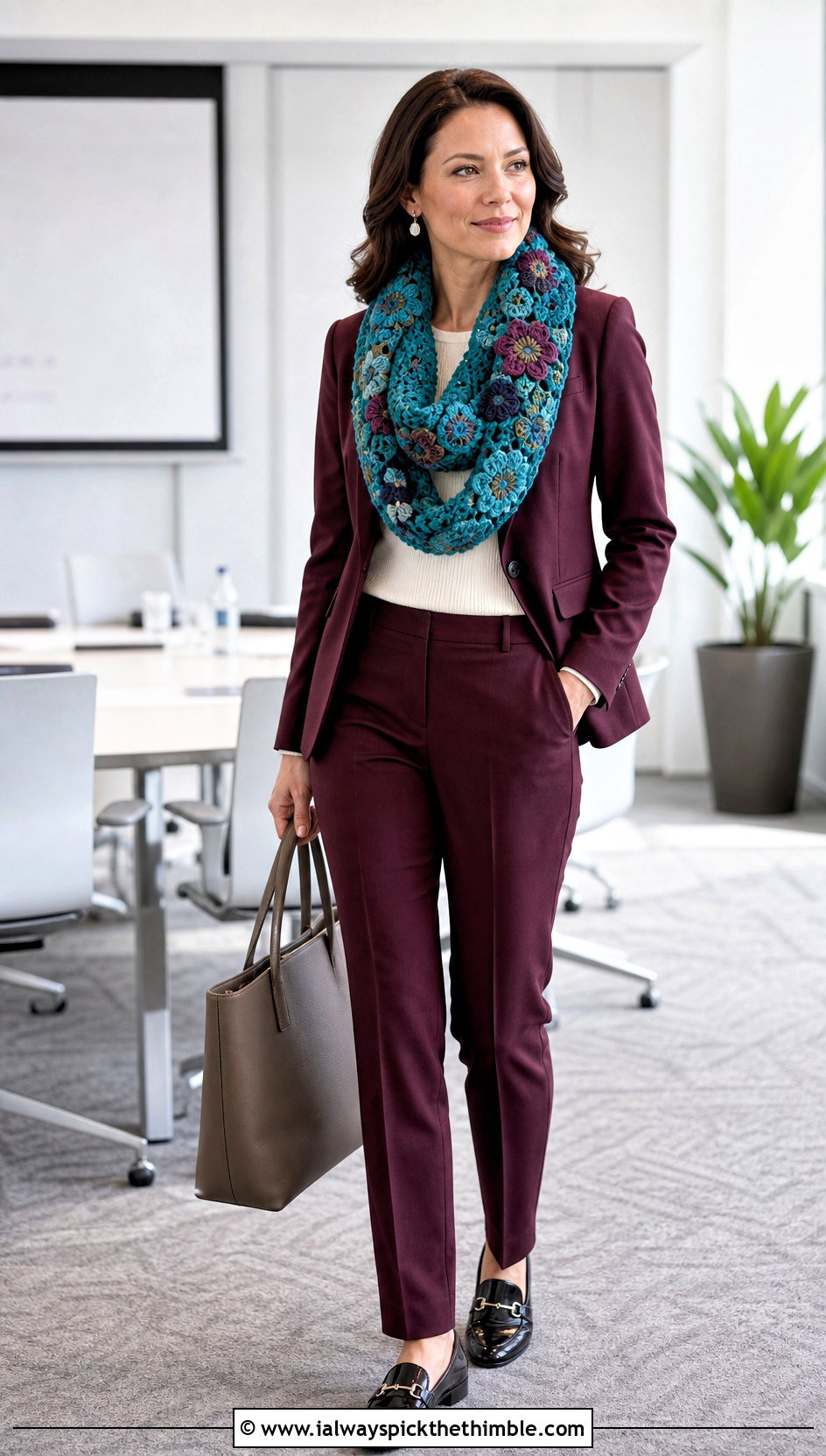 Floral Infinity Crochet Scarf With Monochrome Pantsuit - 20 crochet scarf with flowers outfit ideas