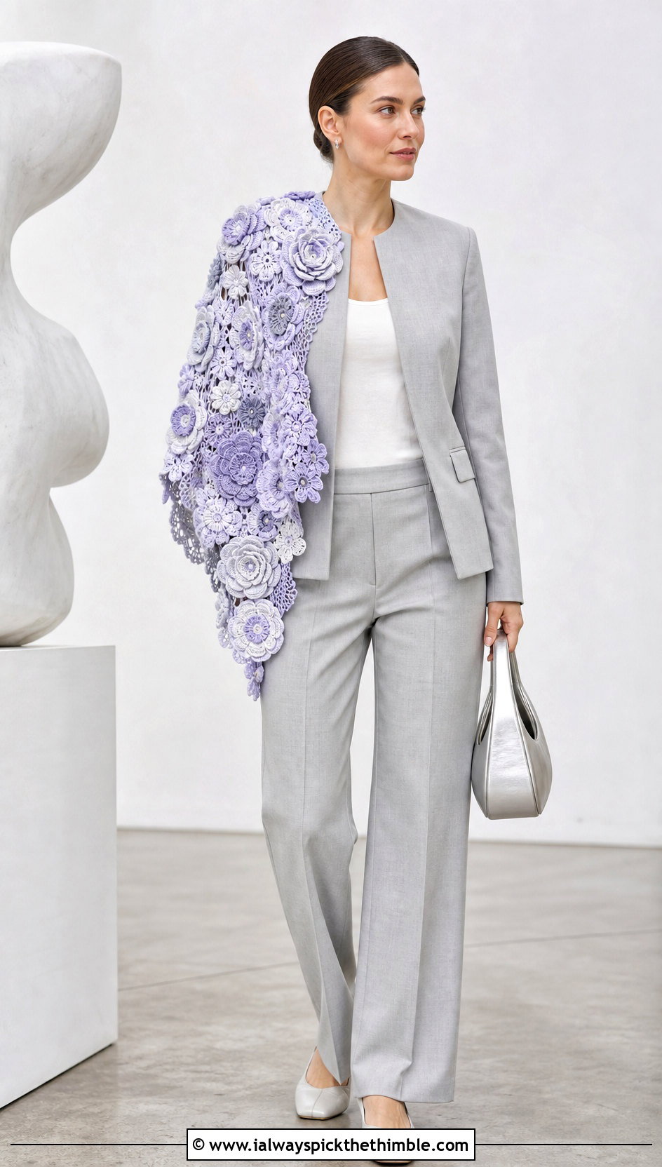 Floral Irish Crochet Stole With Minimalist Suit - 20 Irish Crochet Shawl outfit ideas