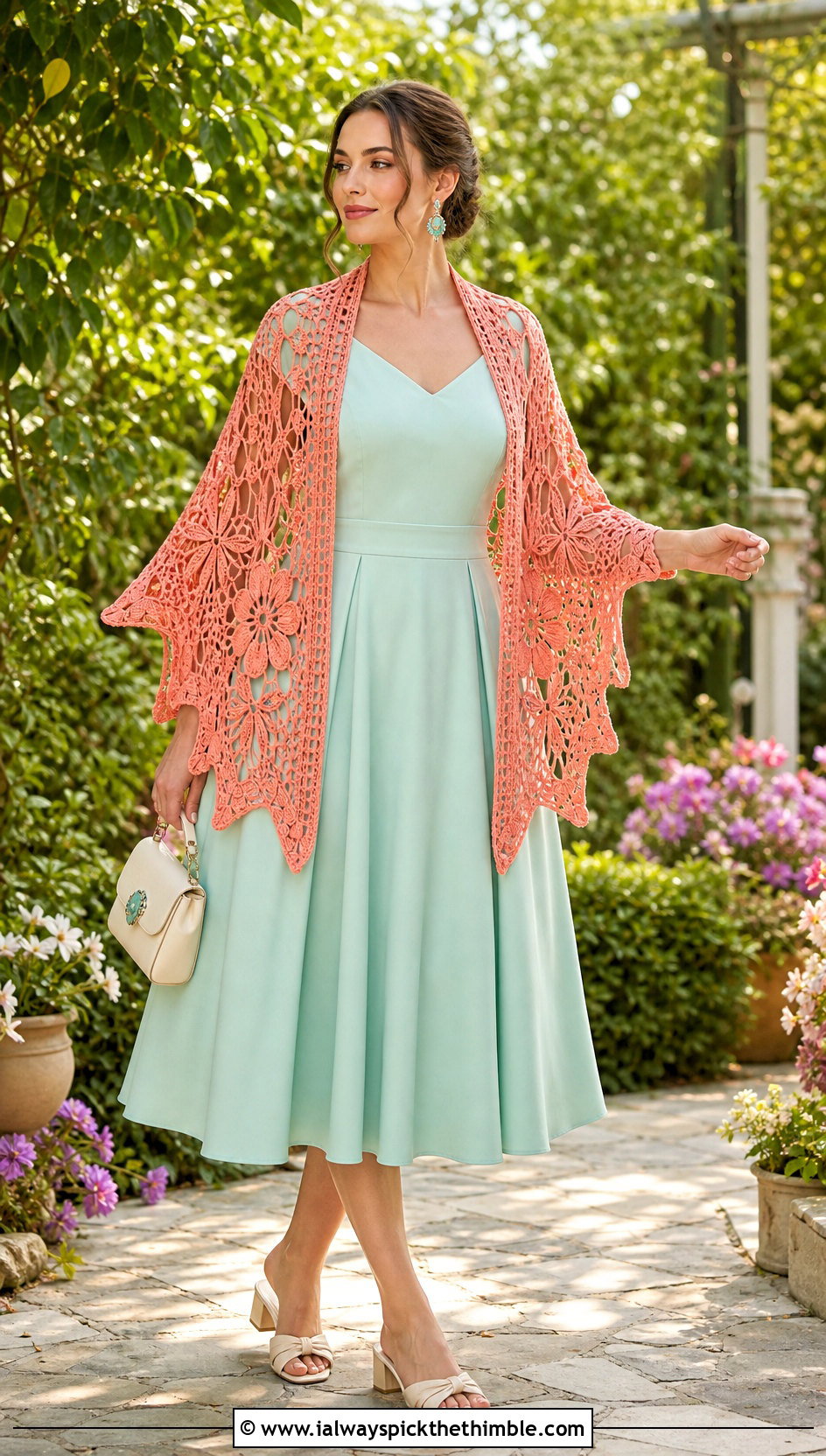 Floral Lace Bat Wing Crochet Shawl With Tea Dress - 20 bat wing crochet shawl outfit ideas