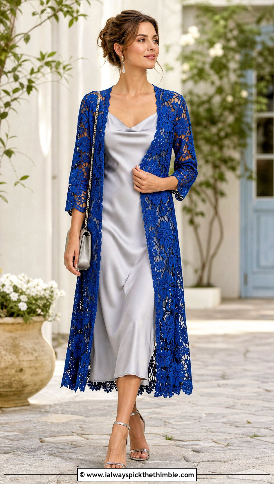Floral Lace Crochet Duster Cardigan With Slip Dress - 20 Crochet Long Lacy Cardigan outfit ideas