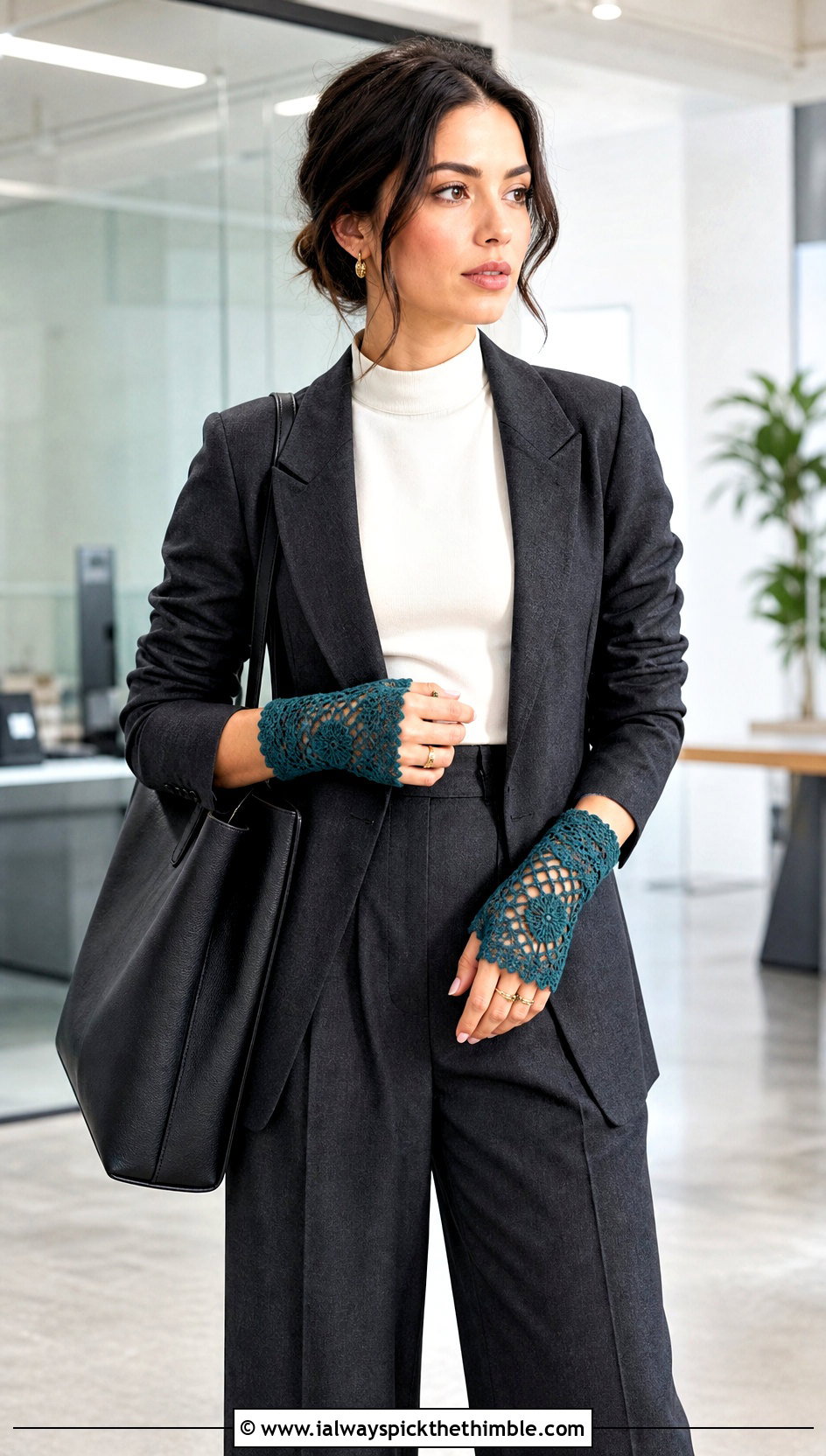 Floral Lace Crochet Fingerless Gloves With Blazer And Wide Leg Trousers - 20 Lace Crochet Fingerless Gloves outfit ideas