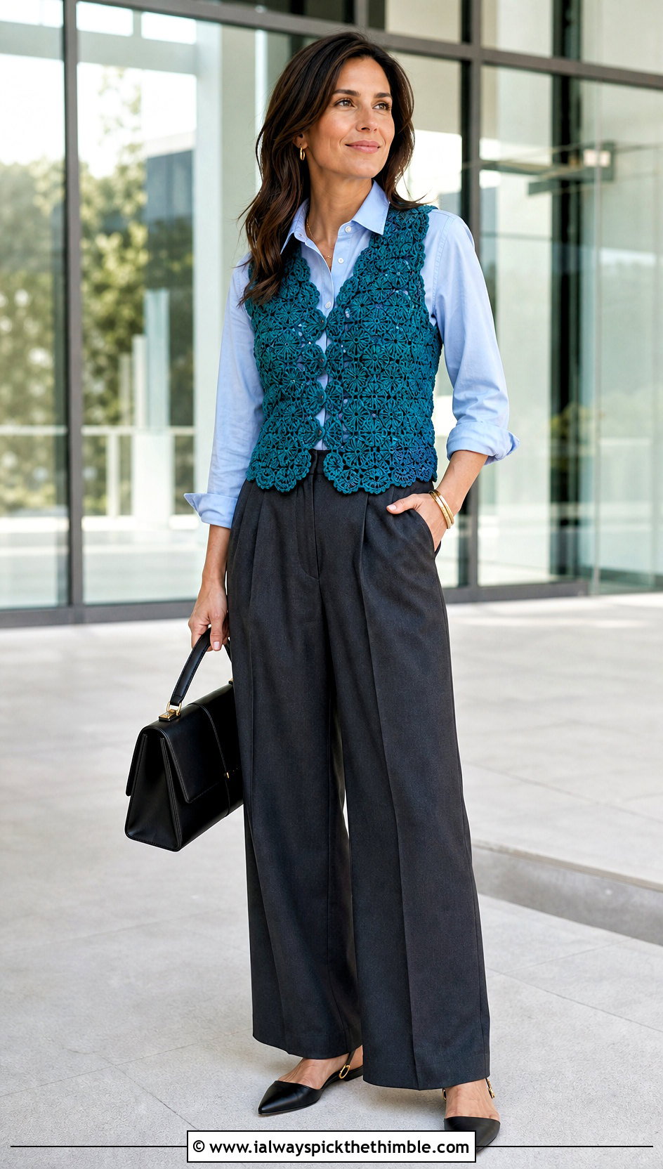 Floral Lace Crochet Hippie Vest With Tailored Trousers - 20 crochet hippie vest outfit ideas