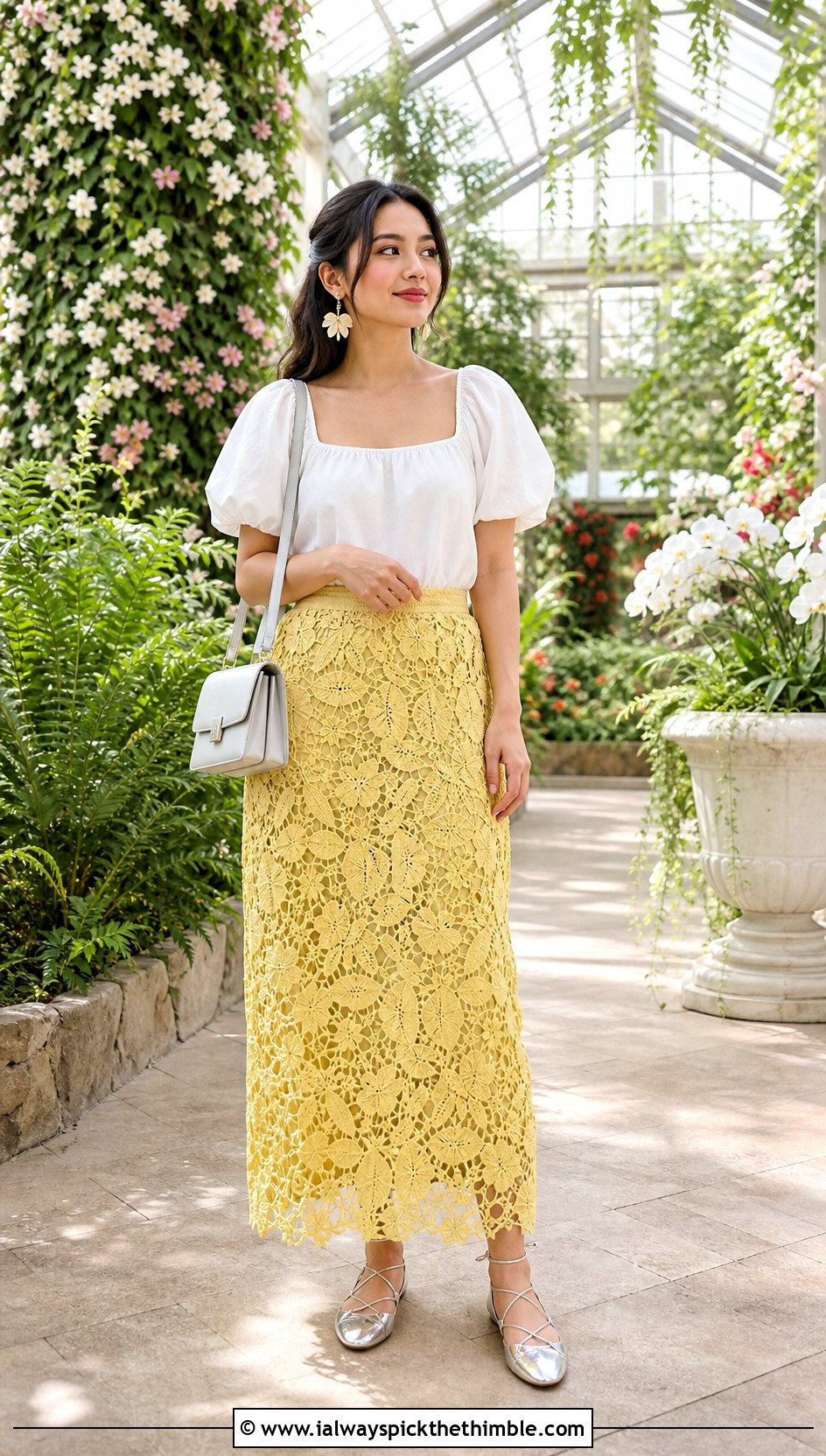 Floral Lace Crochet Maxi Skirt With Puff Sleeve Blouse - 15 Crochet Skirt Fairycore outfit ideas
