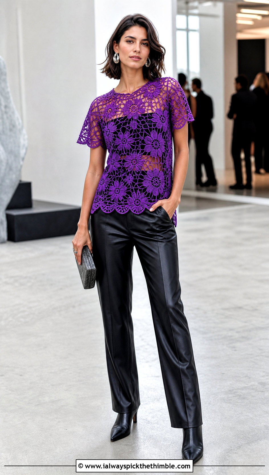Floral Lace Crochet Mesh Tee With Leather Pants - 20 mesh flower crochet top outfit ideas