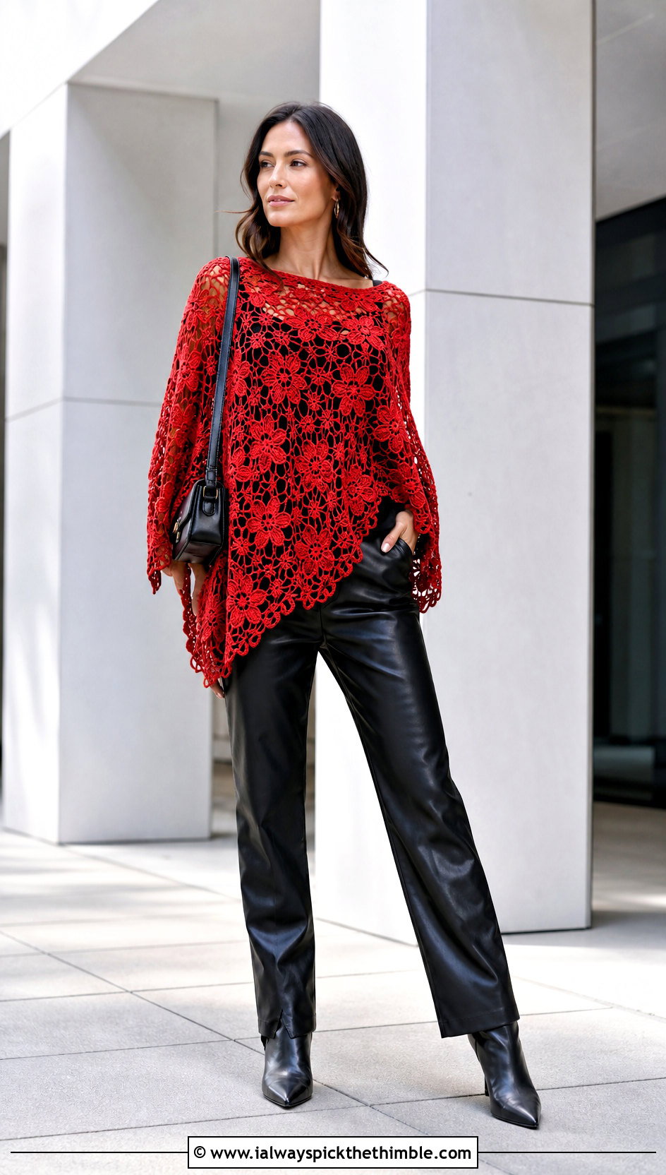 Floral Lace Crochet Poncho With Leather Pants - 20 Crochet Flower Poncho outfit ideas