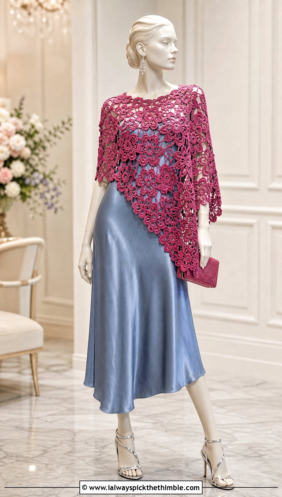Floral Lace Crochet Poncho With Slip Dress - 15 crochet poncho on mannequin outfit ideas