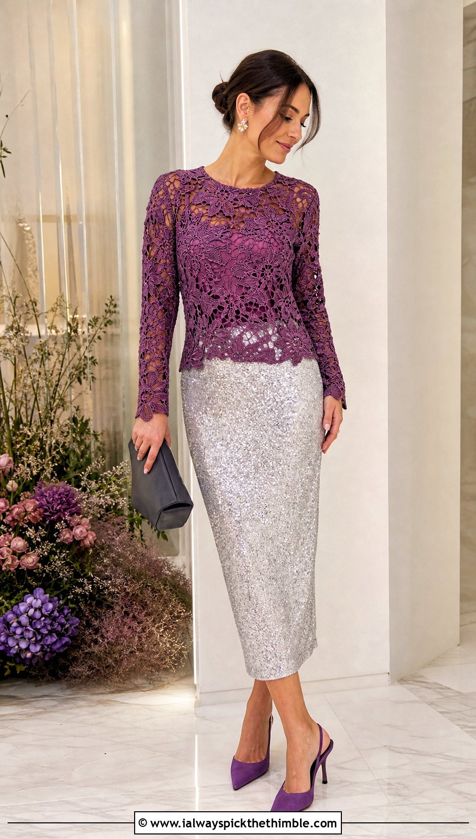 Floral Lace Crochet Sweater With Sequin Midi Skirt - 20 flower crochet sweater outfit ideas