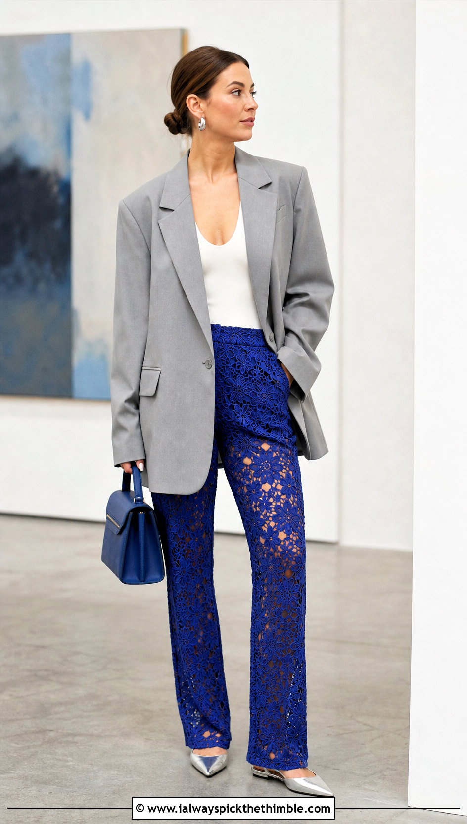 Floral Lace Crocheted Leggings With Tailored Blazer - 20 Crocheted Leggings outfit ideas