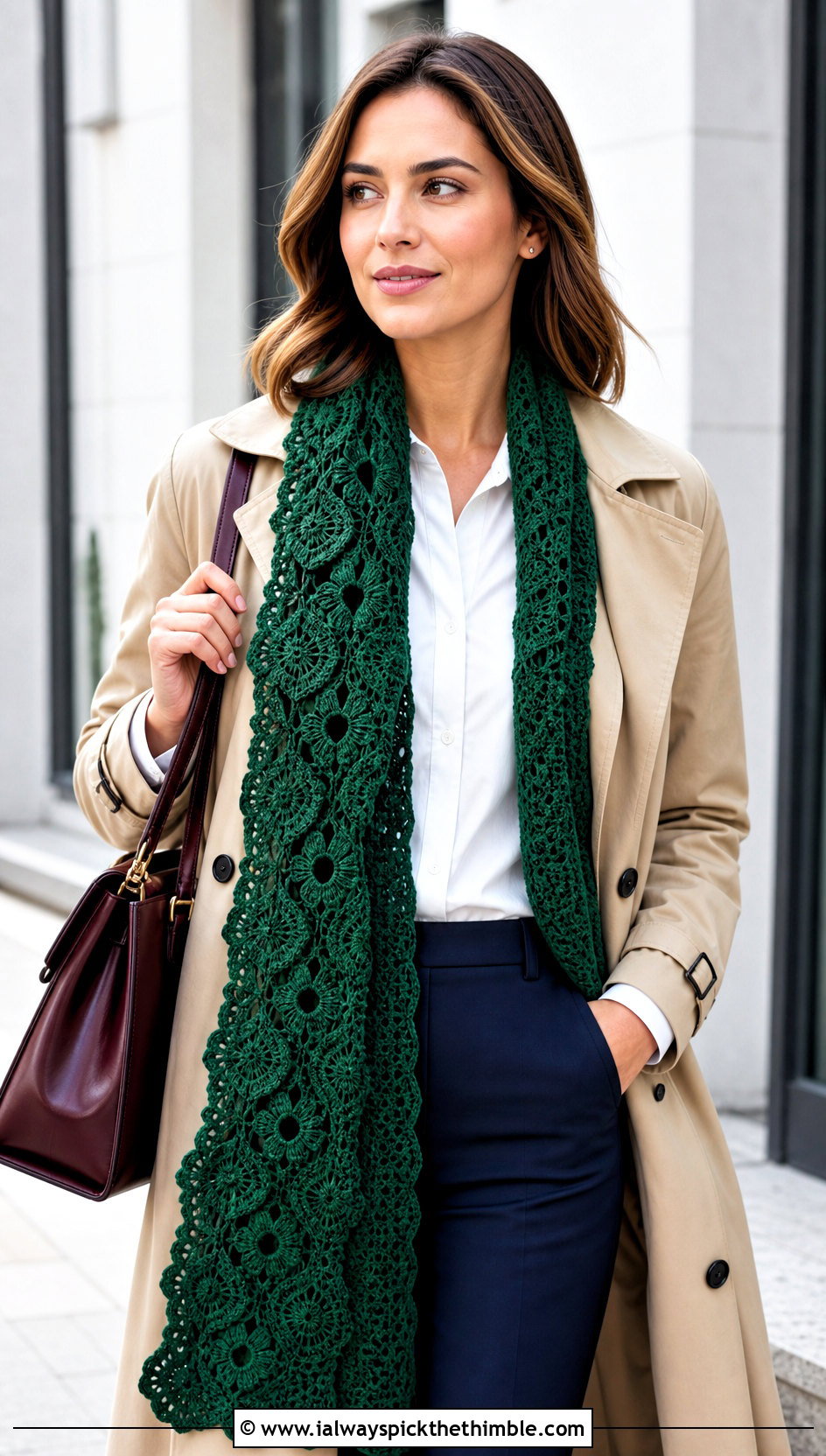 Floral Lace Green Crochet Scarf With Trench Coat And Trousers - 15 Lacy Green Crochet Scarf outfit ideas