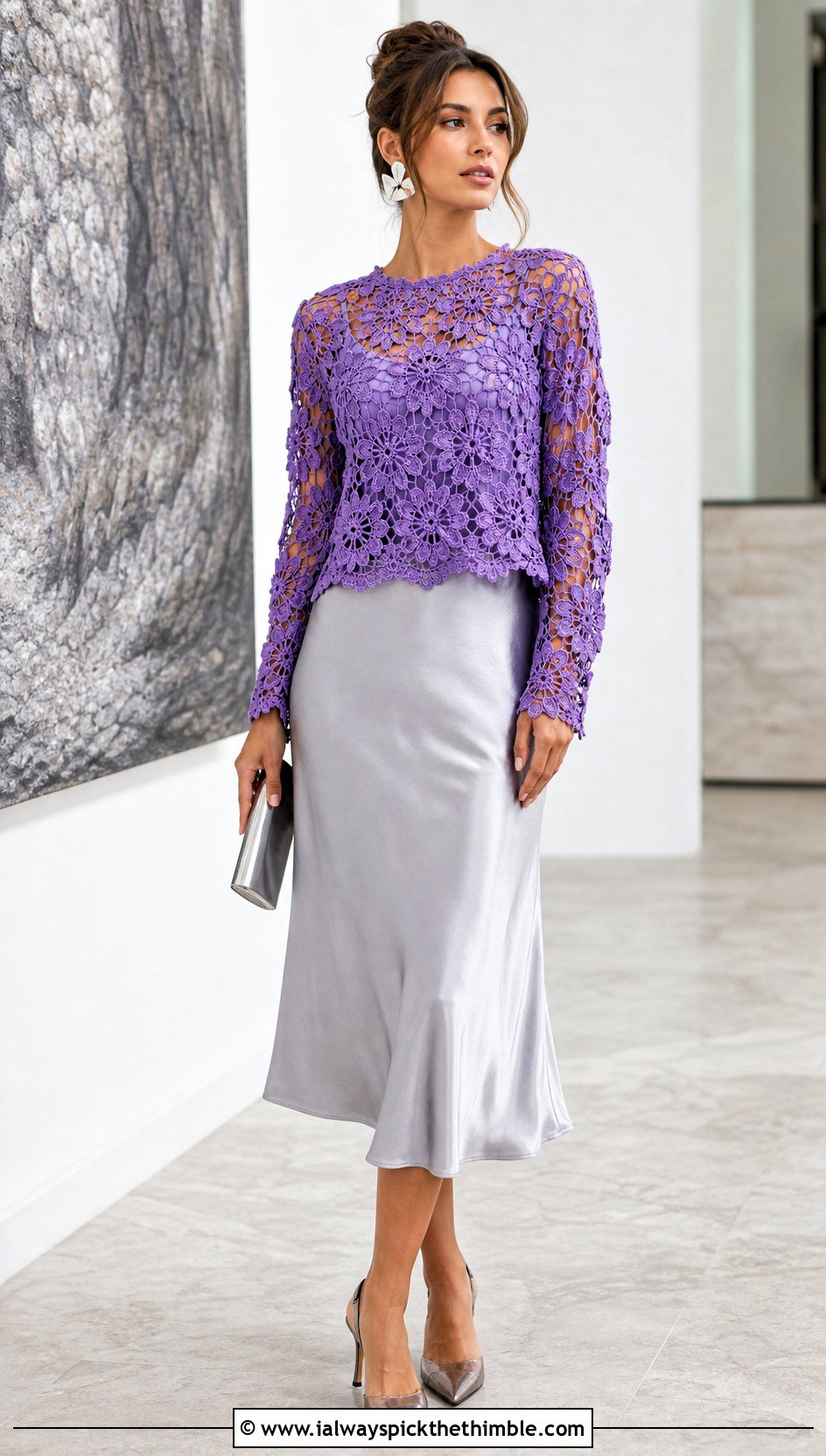 Floral Lace Sweater With Satin Midi Skirt - 20 crochet flower sweater outfit ideas