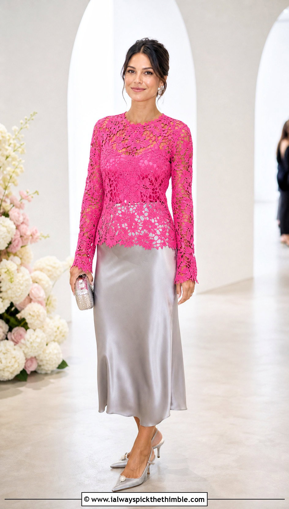 Floral Lace Sweater With Satin Slip Skirt - 15 floral crochet sweater style outfit ideas