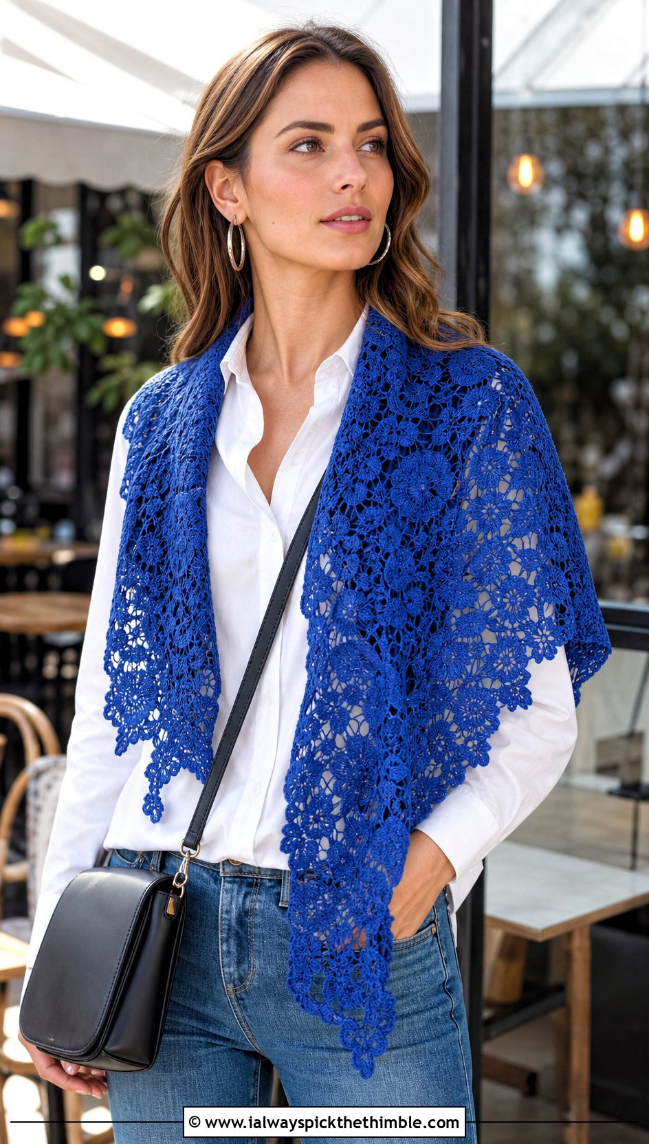 Floral Lace Triangle Shawl With White Shirt And Jeans - 20 Crochet Lace Triangle Shawl outfit ideas