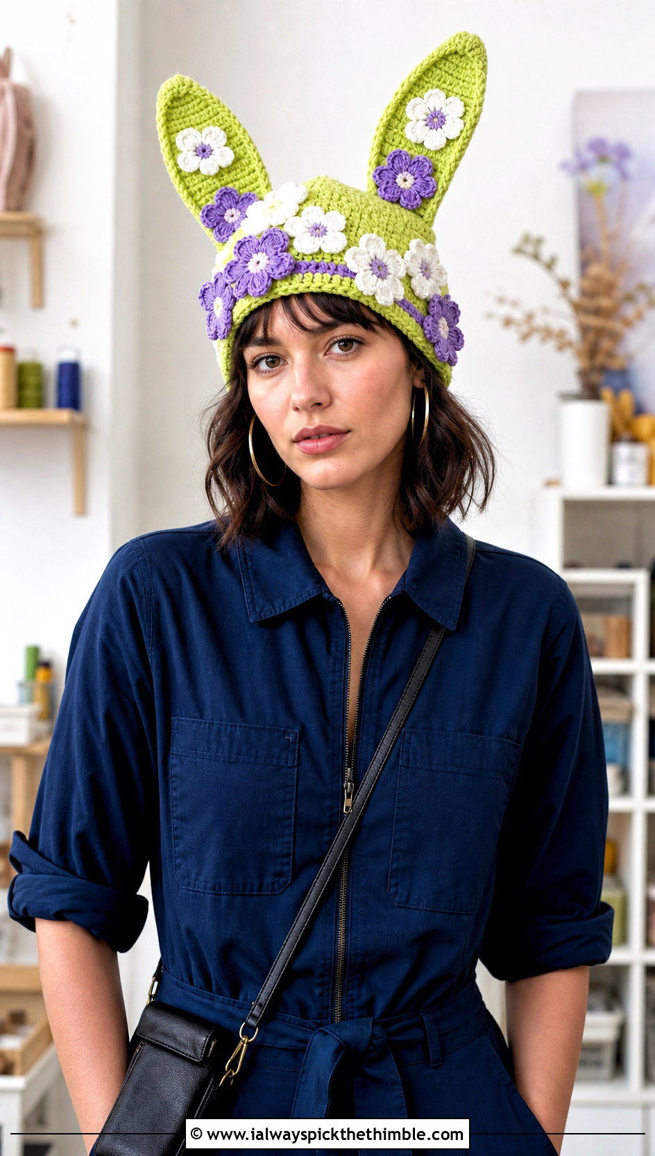 Floral Louise Crochet Bunny Ear Hat With Utility Jumpsuit - 20 Louise Crochet Hat outfit ideas