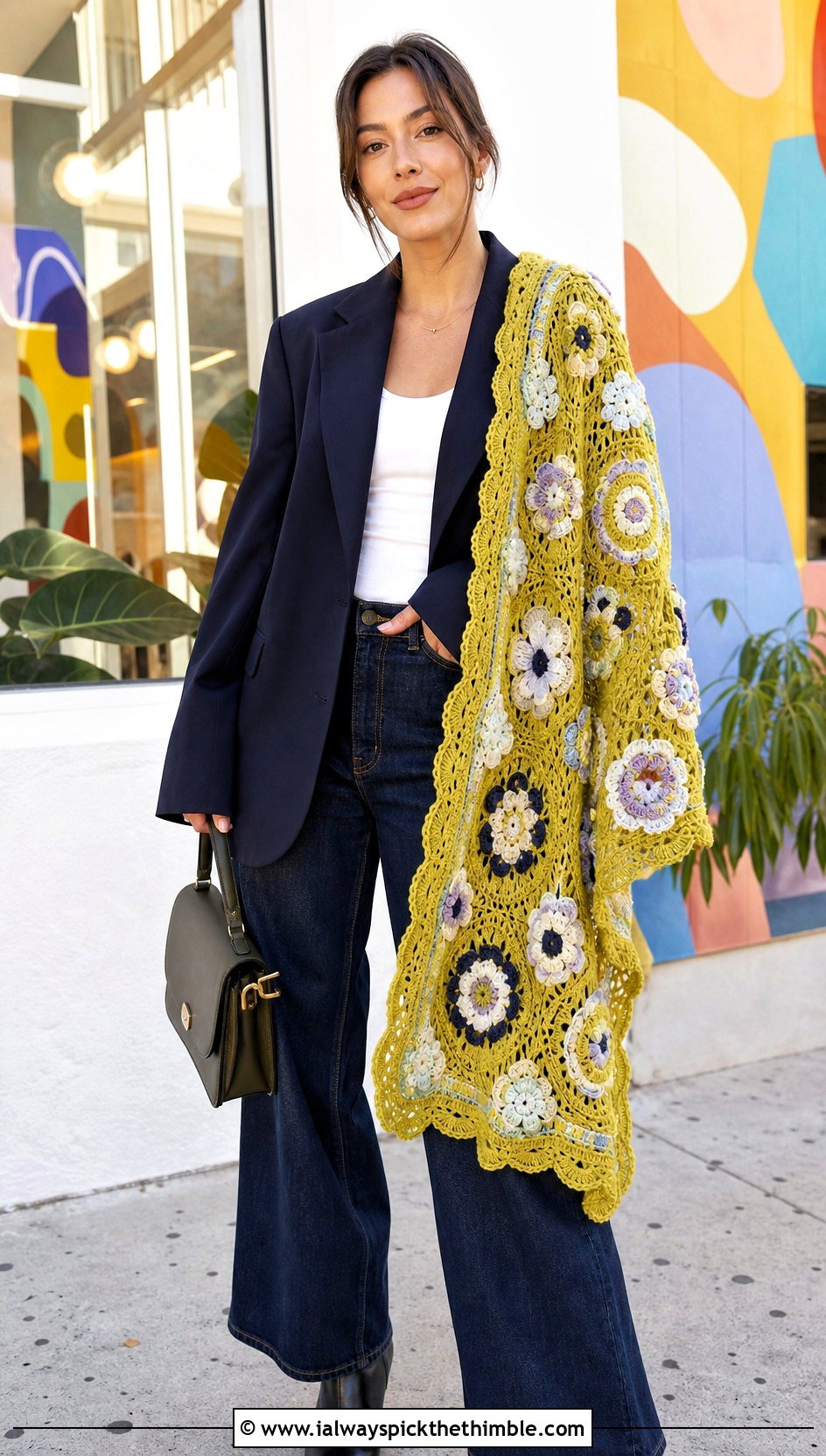 Floral Medallion Shawl With Blazer And Wide Leg Jeans - 20 Victorian Crochet Shawl outfit ideas