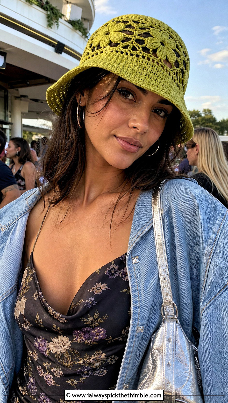 Floral Mesh Crochet Bucket Hat With Slip Dress And Denim Jacket - 15 crochet bucket hat with floral outfit ideas