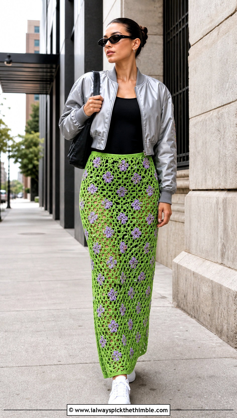 Floral Mesh Crochet Column Skirt With Bodysuit And Sneakers - 25 crochet flower skirt outfit ideas