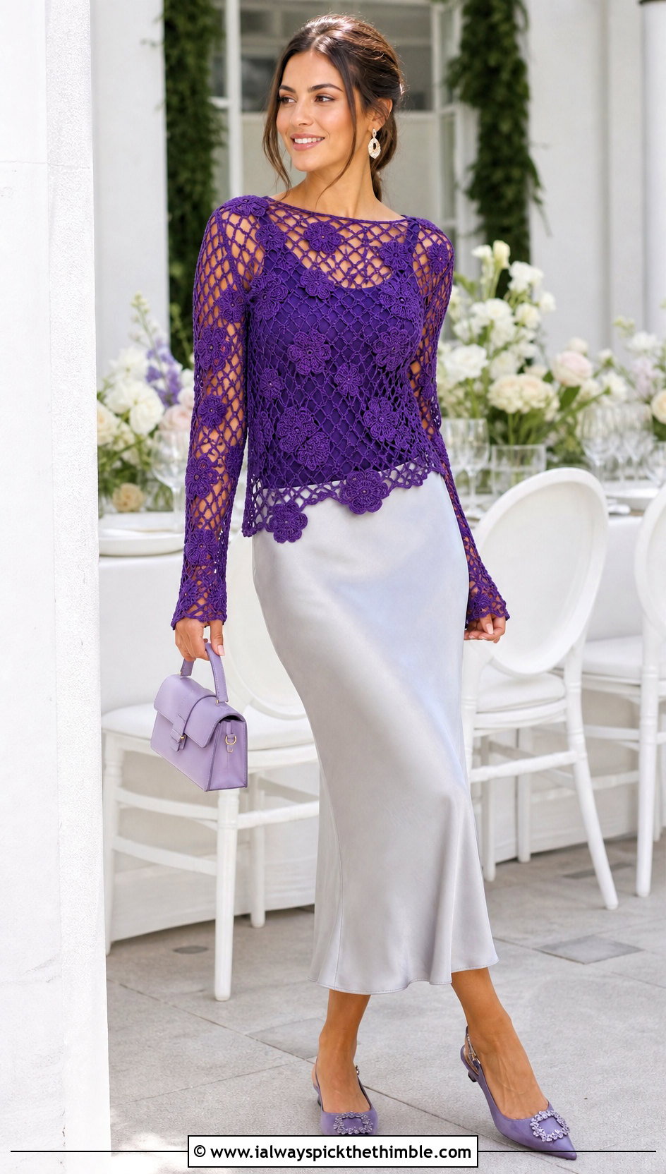 Floral Mesh Crochet Fishnet Sweater With a Bias Cut Midi Skirt - 20 Crochet Fishnet Sweater outfit ideas