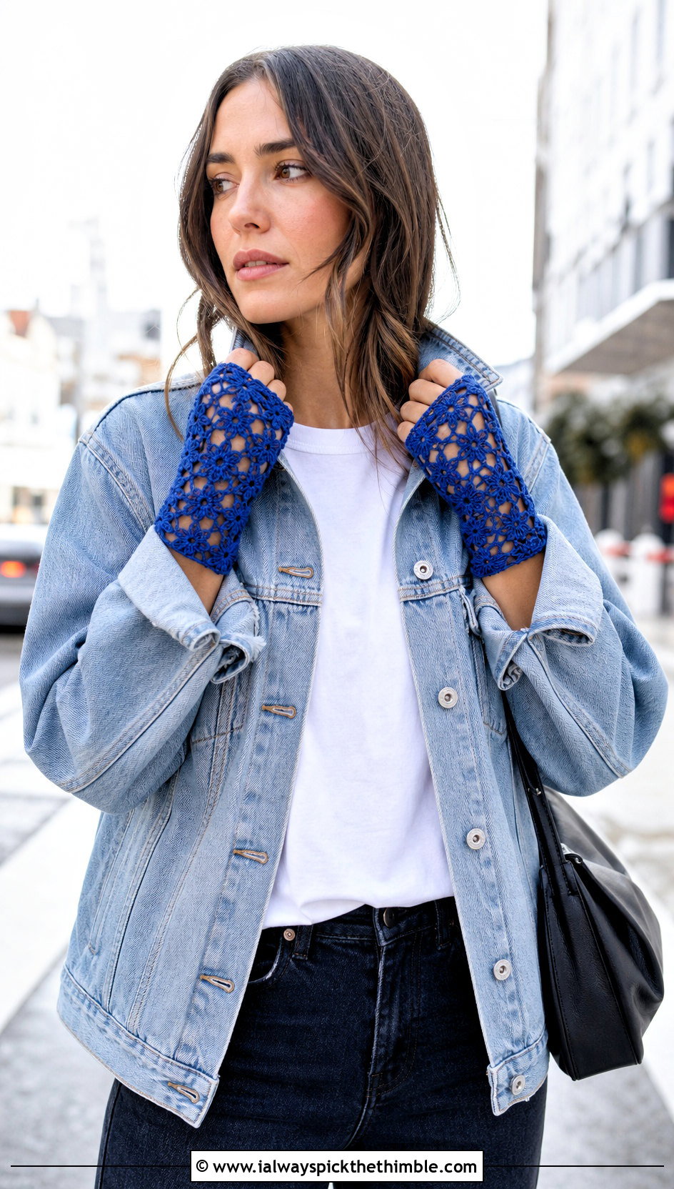 Floral Mesh Crochet Lace Hand Warmers With Denim Jacket - 20 Crochet Lace Hand Warmers outfit ideas