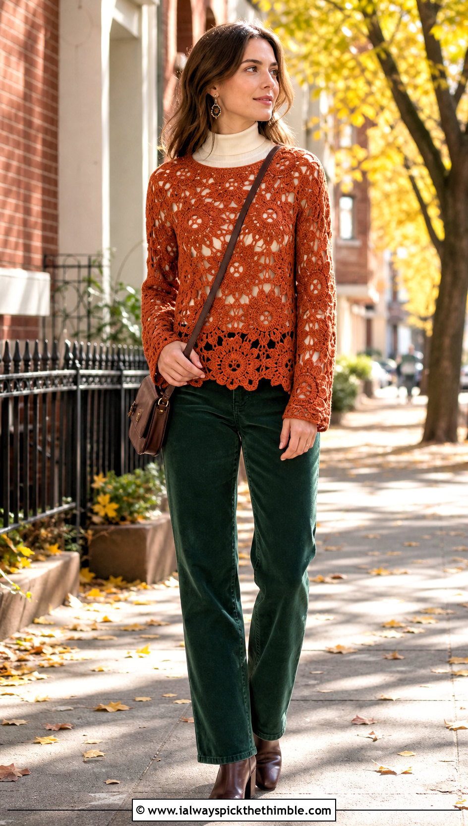Floral Mesh Crochet Sweater Top With Corduroy Pants - 20 mesh flower crochet top outfit ideas