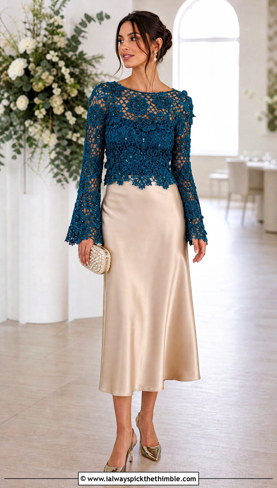 Floral Mesh Crochet Top With Satin Midi Skirt - 15 colorful crochet clothing design outfit ideas