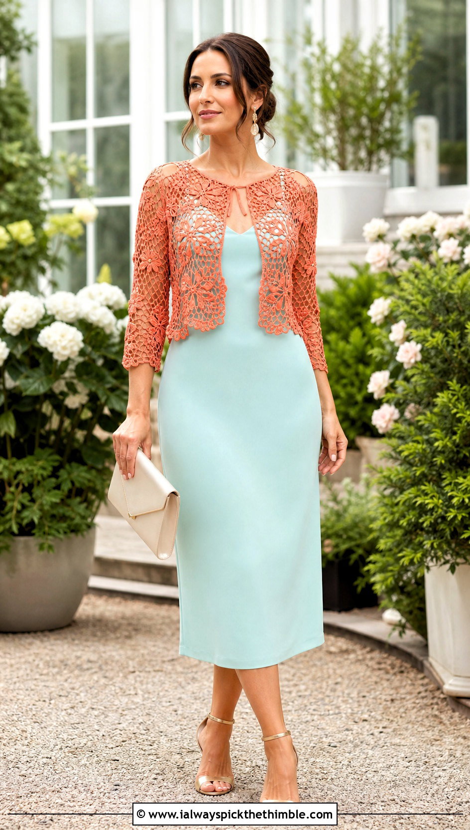 Floral Mesh Fishnet Crochet Bolero With Column Dress - 20 Fishnet Crochet Bolero outfit ideas